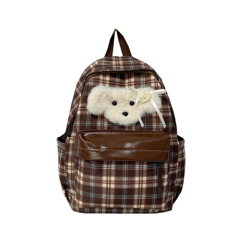 The 2025 new Japanese-style in cute dog checkered patchwork backpack is a fashionable and large-capacity versatile backpack for commuting full figure