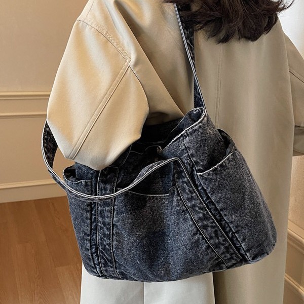 Korean-style denim bag, women's large-capacity, artistic, lightweight tote bag, student class bag, casual commuting single-shoulder bag Specification drawing