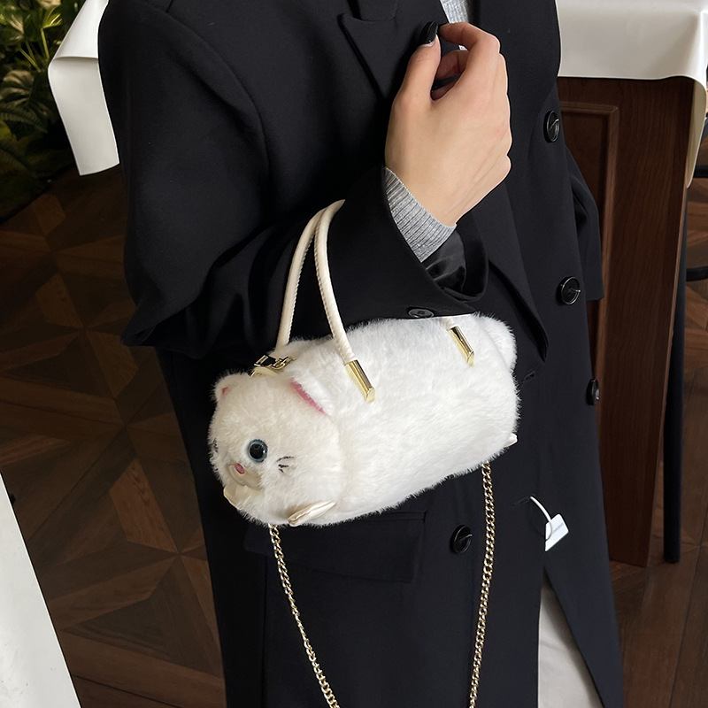 New cartoon plush hand-held crossbody bag, cute plush doll cat, large capacity cute chain coin purse bag details Picture
