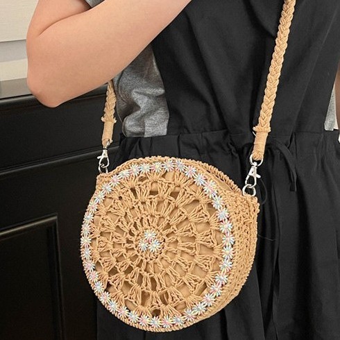 Summer Small Bag 2025 New Style, fresh and artistic, fashionable for girls, hollowed-out woven single-shoulder bag, crossbody small round bag Specification drawing
