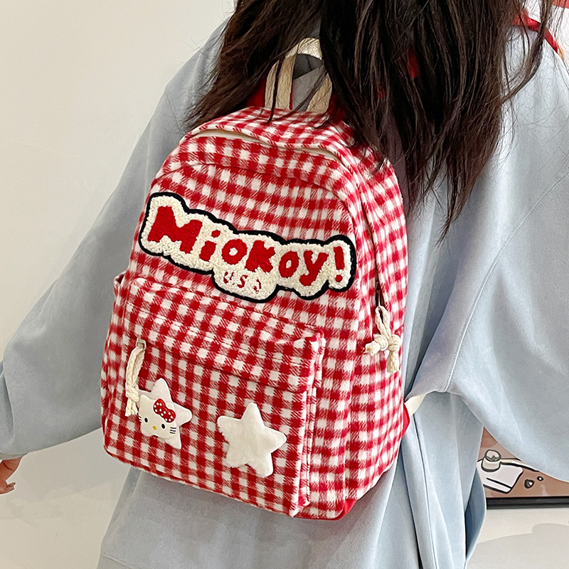 Cross-border red backpack, checkered cartoon, Japanese style 2025, cute student small backpack travel, spring outing snack small bag Specification drawing