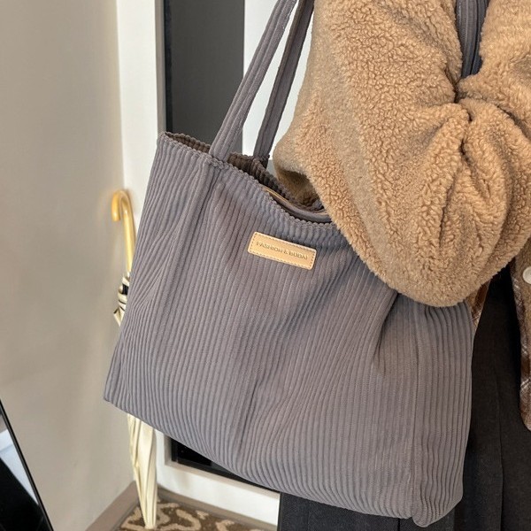 New Korean version student handbag, corduroy bag, single-shoulder bag, tote fabric bag, large-capacity student commuting bag for class Item Picture