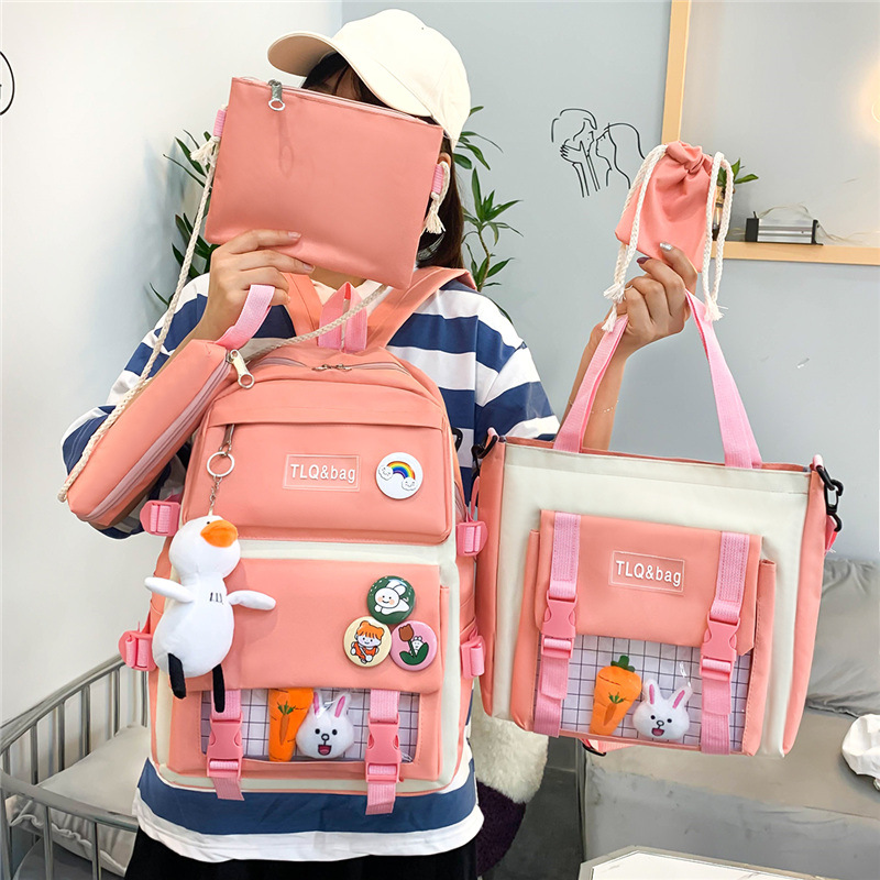 New Korean version Harajuku style high-capacity five-piece student backpack for junior high school girls, casual student backpack full figure