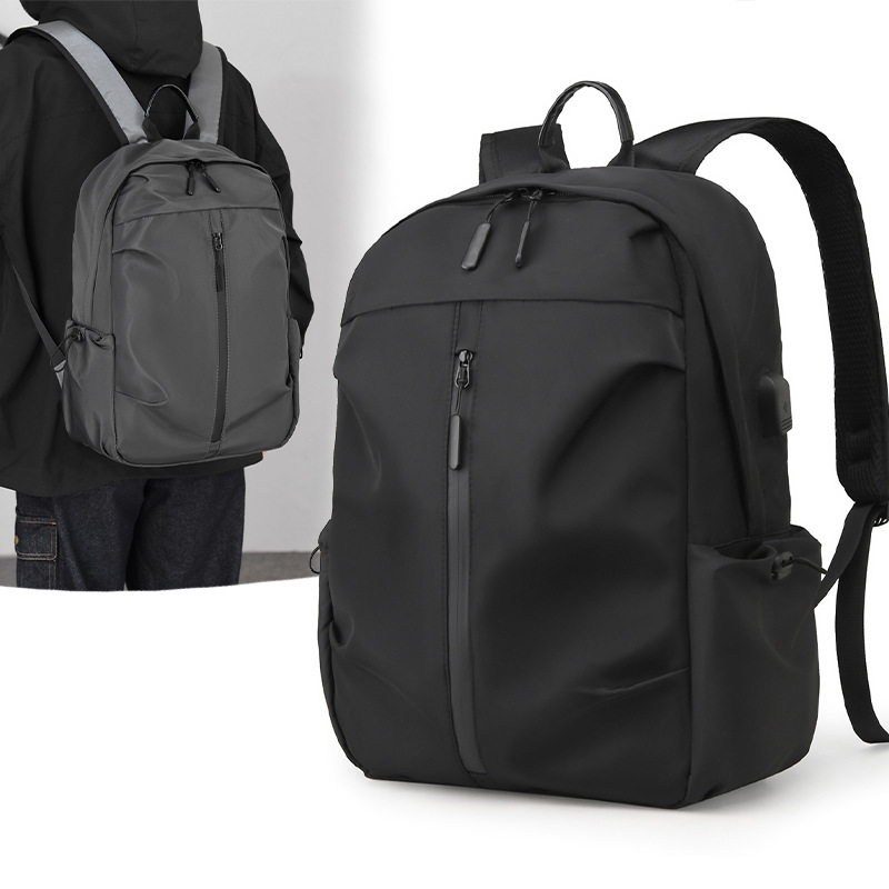 Casual men's backpack, trendy solid color, large-capacity student schoolbag, multi-functional water-resistant business travel backpack full figure