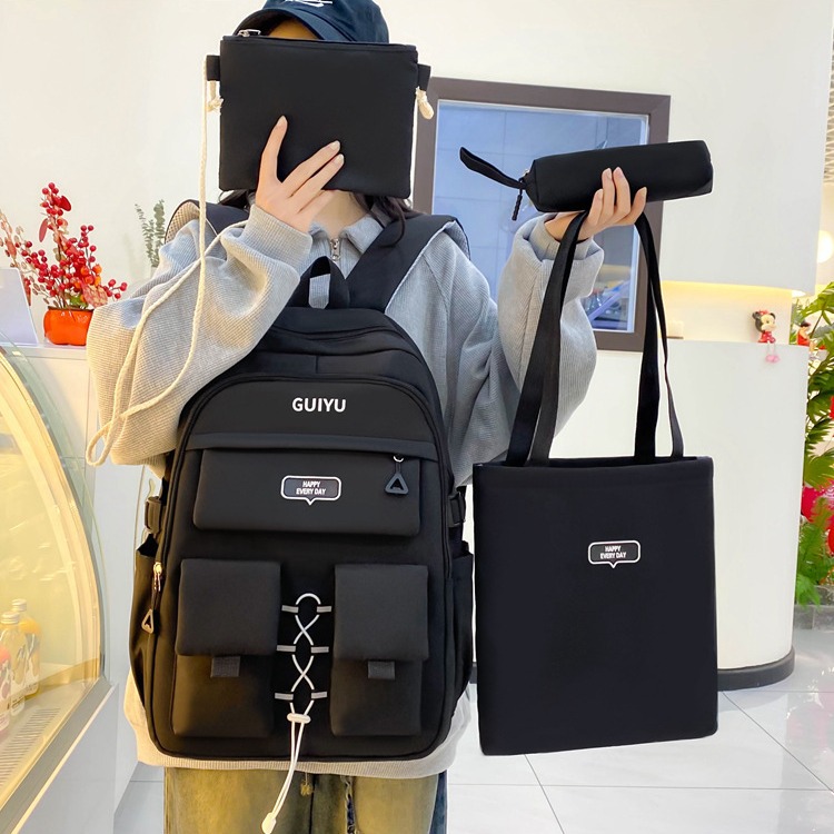 A simple and large-capacity backpack for junior high school students, a trendy four-piece backpack with high appearance standards, and a schoolbag for girls details Picture