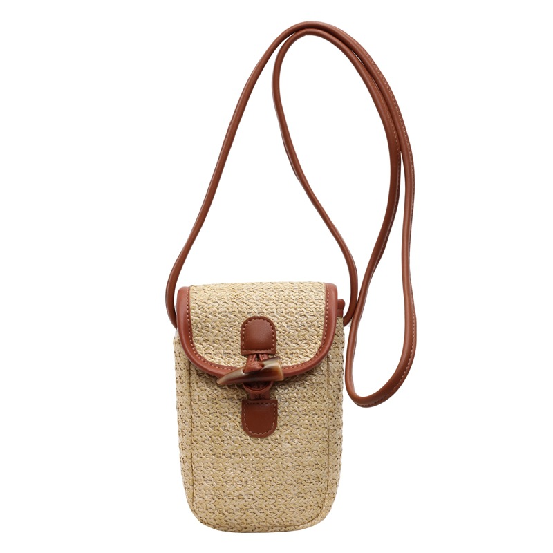 Summer simple color-blocking woven mobile phone bag 2025 new lightweight and casual beach straw woven bag niche single-shoulder bag Item Picture