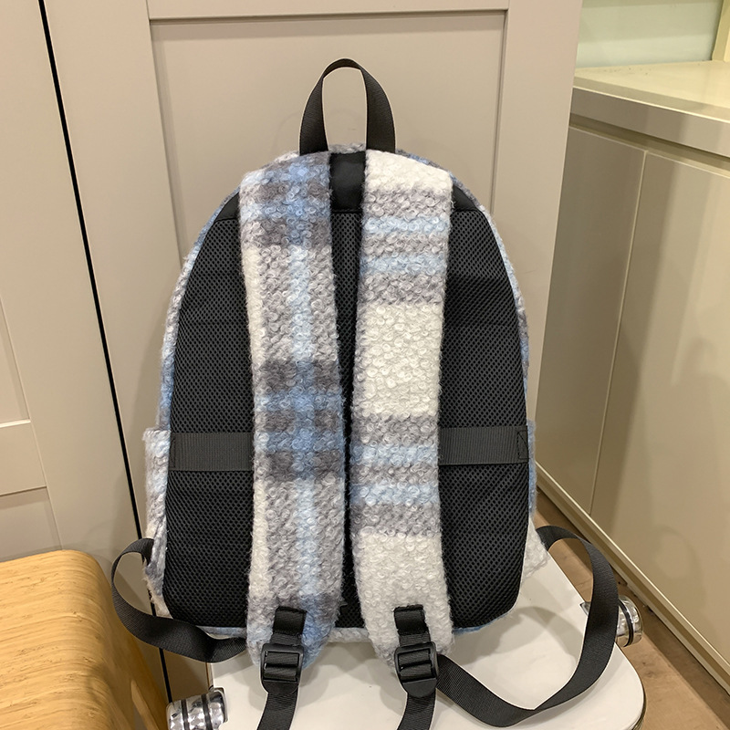 Autumn and winter retro checkered plush schoolbag for girls, Japanese style Instagram simple student backpack, versatile backpack for girls to travel Specification drawing