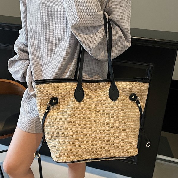 Simple woven bags, new summer casual large bags, vacation beach bags, color-blocking single-shoulder bags, hand-carry commuter tote bags details Picture