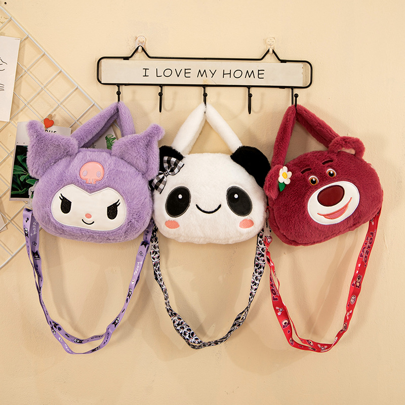 New cartoon bags, student shoulder bags, cute plush toy handbags, panda strawberry bear bags, factory direct sales details Picture