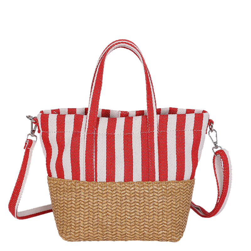 Korean-style casual and artistic large-capacity hand-held tote bag for women, fashionable striped canvas color-blocking versatile single-shoulder crossbody bag Item Picture
