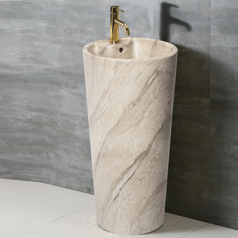 Nordic ceramic column basin, rock plate column type integrated washbasin, hotel light luxury bathroom, stone pattern washbasin details Picture