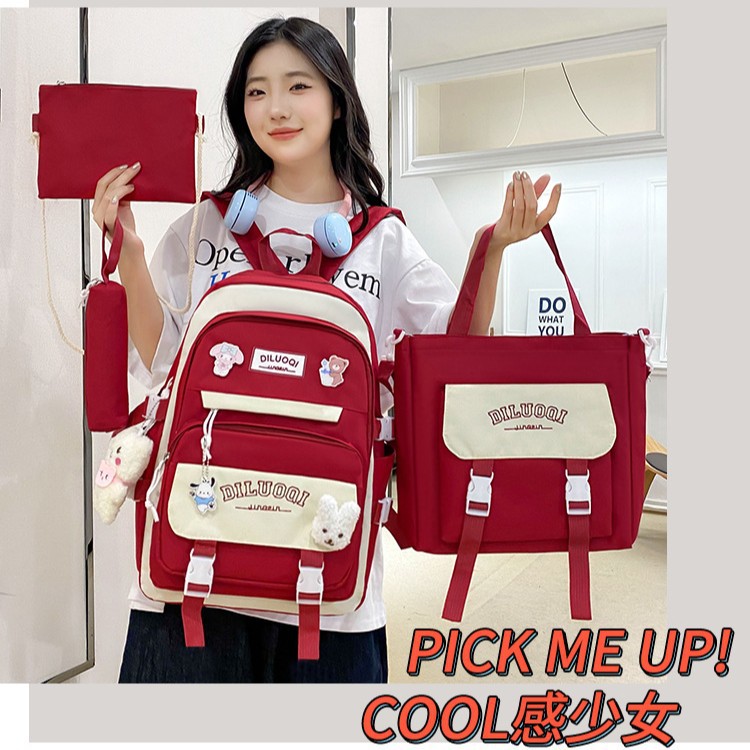 Korean InS-style cute, large-capacity, high-appearancelevel backpack, fresh and clean schoolbag, five-piece set, multi-functional tutorial bag details Picture
