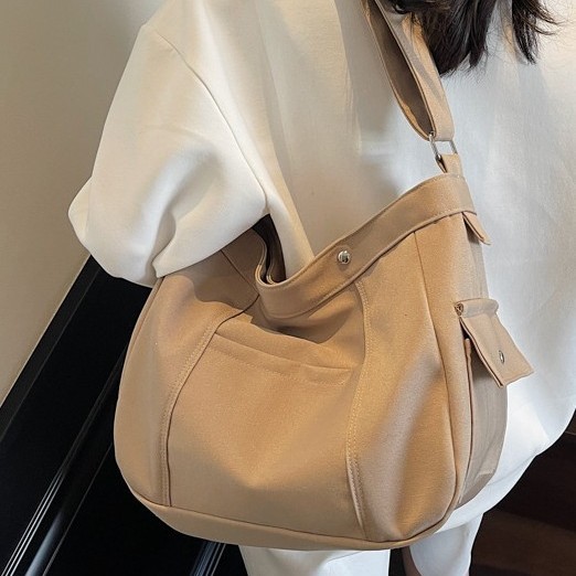 Fashionable American high-end style, versatile, niche solid color, popular single-shoulder tote bag, canvas, fashionable, large capacity, brown full figure