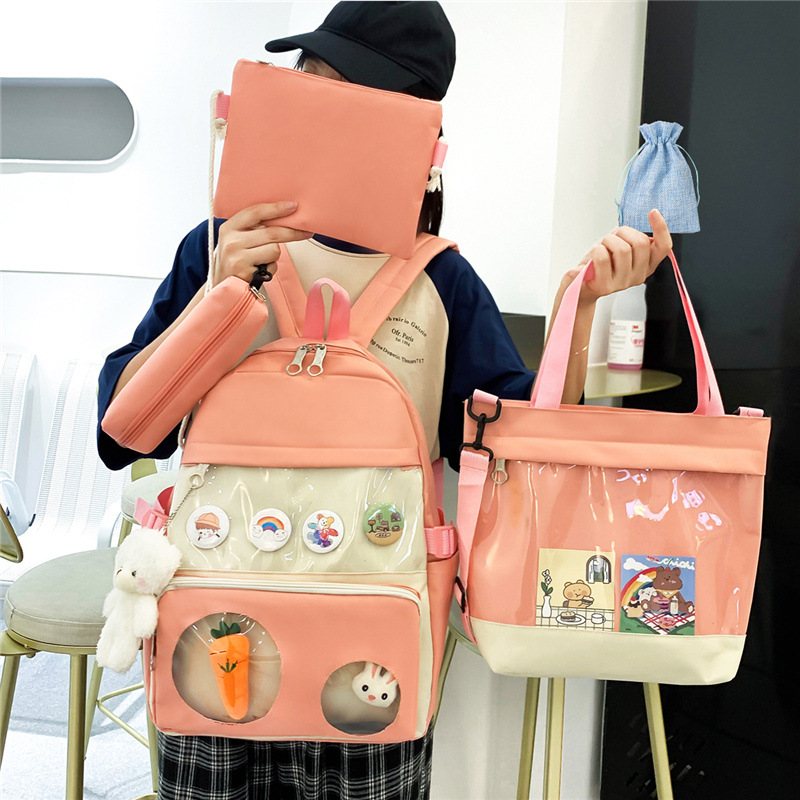 Schoolbag Girl 2024 Korean version campus junior high school, senior high school and college students cute and lightweight backpack with large capacity five-piece set Specification drawing