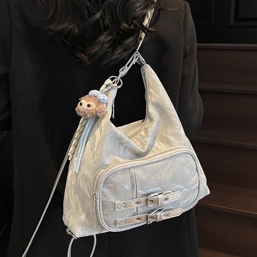 Spring and Summer new high-end casual college style double-shoulder tote bag, fashionable and versatile, motorcycle style large-capacity single-shoulder bag Specification drawing