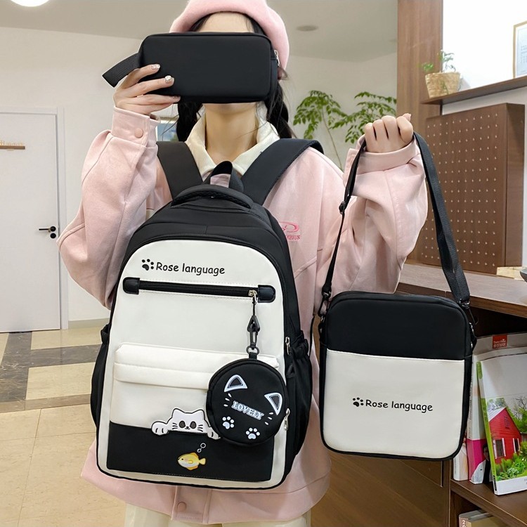 High appearance level, cute cat, large-capacity student junior and senior high school schoolbag, color-blocking printed multi-functional tutorial bag, backpack details Picture