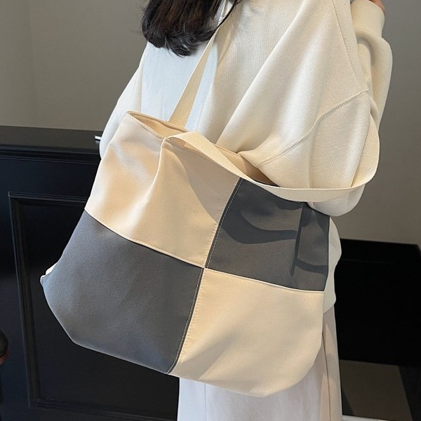 Canvas bag for women, large-capacity 2024 new style, fashionable autumn and winter, color-blocking single-shoulder bag, textured tote bag for commuting to school full figure