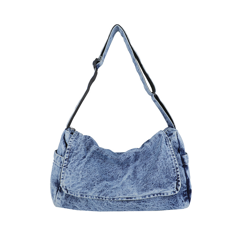 Japanese-style washed denim large-capacity crossbody bag for women, artistic class bag, canvas messenger bag, casual single-shoulder bag for men Item Picture