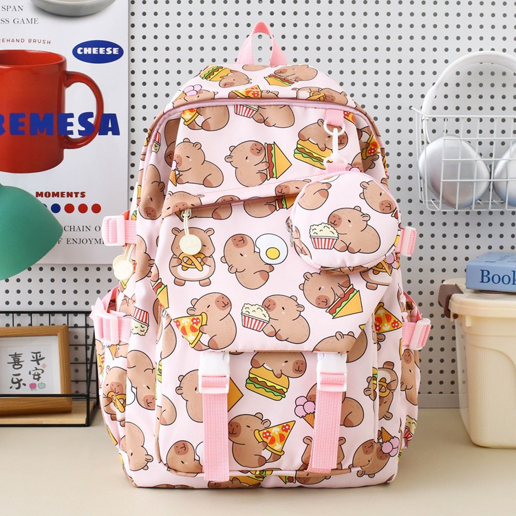 Cartoon-printed Capibara primary school backpack for girls, cute graffiti capybara, large capacity, lightweight high school backpack Item Picture