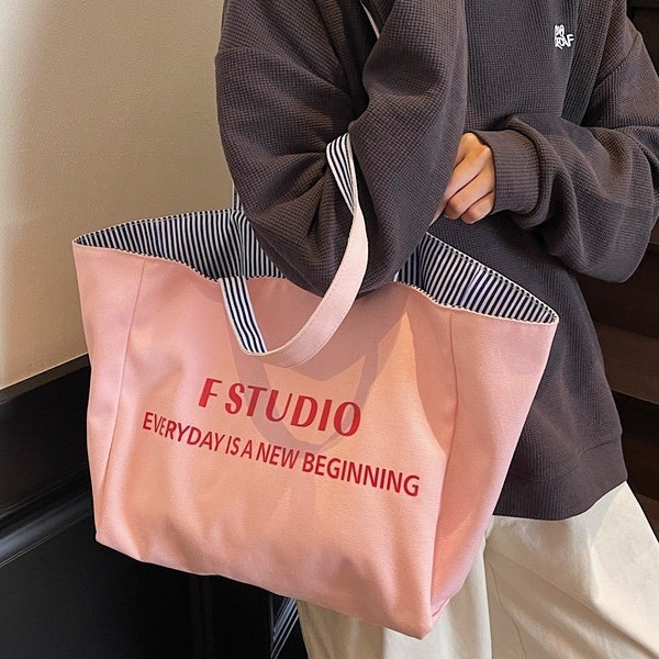 Summer colorful striped canvas bag for women, 2025 new double-sided single-shoulder tote bag, versatile letter tote bag full figure