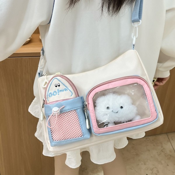 Teenage girl style pain bag, crossbody bag, hand-held baby bag, large capacity, daily casual, student transparent pain bag, Japanese style color-blocking bag details Picture