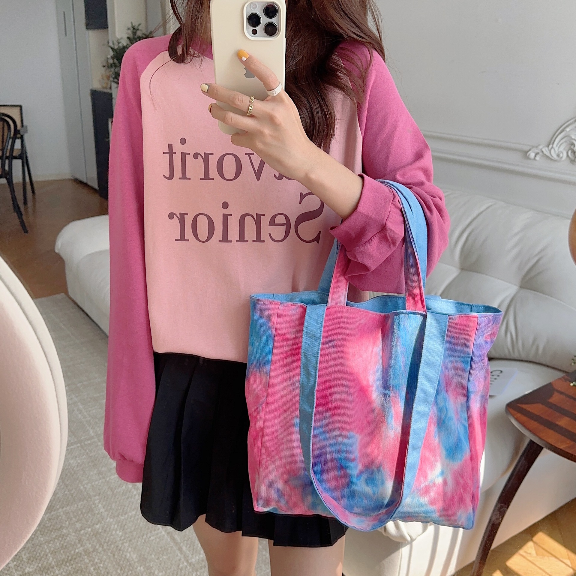 38172 Trendy tie-dyed corduroy solid color double-sided single-shoulder canvas bag for students and schoolbags, large-capacity dual-purpose for girls details Picture