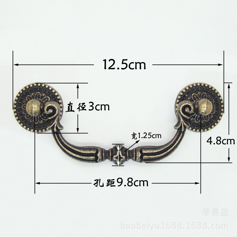 Chengyu K099 Antique European-style drawer handle, retro jewelry box, wooden box handle, zinc alloy hand-held classical handle Specification drawing