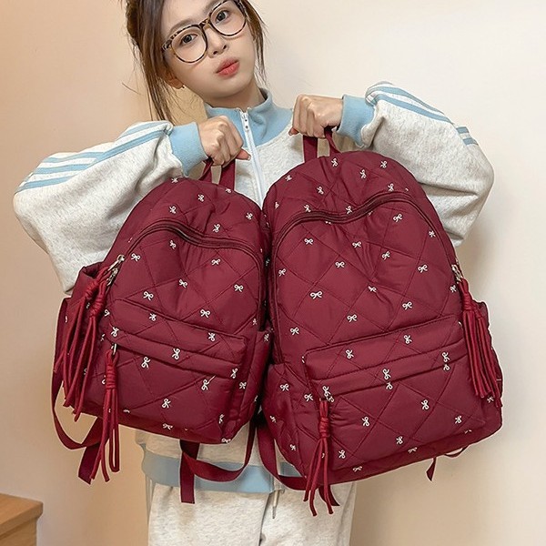 New Korean campus style, versatile for commuting to school, high appearance level, large-capacity embroidered bow backpack full figure