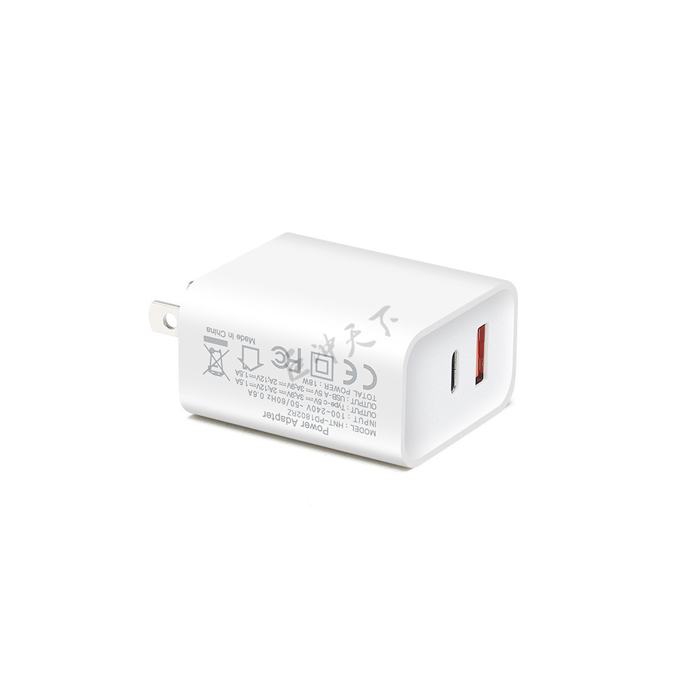 QC3.0 Dual-port PD18W fast charging intelligent A+C port charger with 3C certification, suitable for Apple computers and mobile phones Item Picture