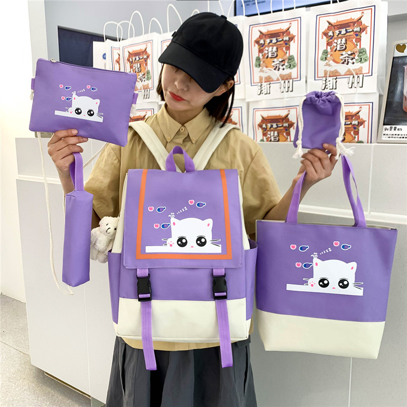 New school style 5-piece backpack set for Grade 34, 56 primary school students, cute cat-printed middle school schoolbag Specification drawing