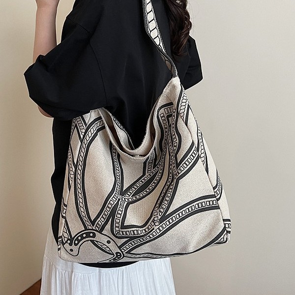 Spring and summer new design printed canvas tote bag for women, large-capacity casual and laid-back style single-shoulder bag, underarm bucket bag full figure