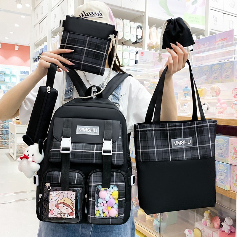 Fashionable checkered large-capacity middle school schoolbag five-piece set, multi-functional casual backpack, girls' primary school tutoring bag Application Scenario