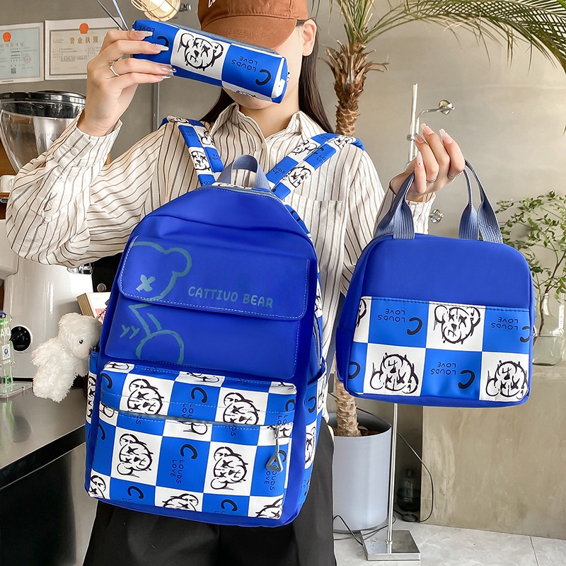 Wholesale of new cross-border primary school schoolbags for girls, three-piece set, Korean version color-blocking large-capacity backpacks and insulated lunch boxes details Picture