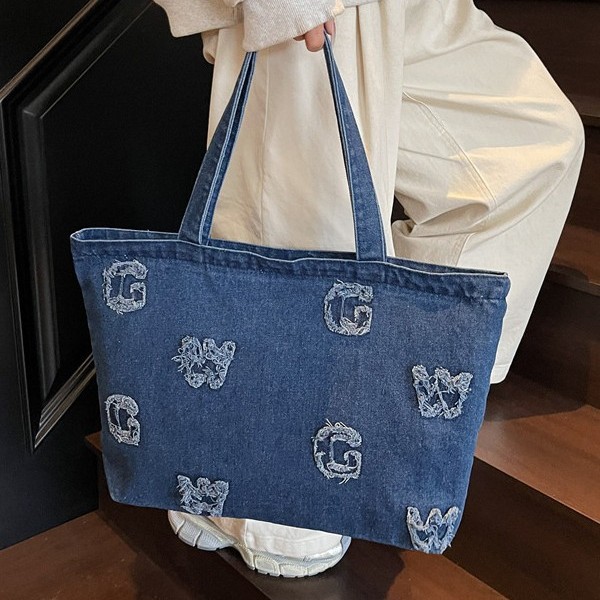 New letter denim canvas tote bag for spring and summer fashion, large-capacity hand-carry design single-shoulder bag full figure