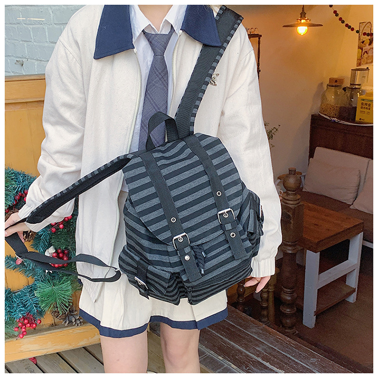 2024 New student schoolbag, Korean niche style retro striped backpack, large-capacity casual backpack Specification drawing