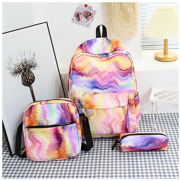 2025 New retro tie-dyed schoolbag for primary and secondary school students, casual cross-border outdoor backpack, three-piece set for girls Specification drawing