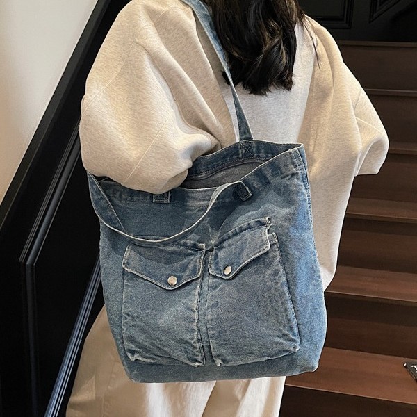 Large-capacity denim canvas bag for women, 2025 new style student schoolbag, travel handbag, commuting single-shoulder bag Specification drawing