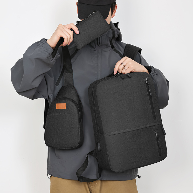 Cross-border solid-color student schoolbag, casual backpack, men's simple backpack, three-piece set, multi-functional USB computer bag details Picture