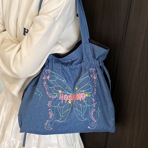 ins exquisite embroidered casual denim small cloth bag, handbag, cosmetics storage, butterfly Spring new single shoulder bag Application Scenario