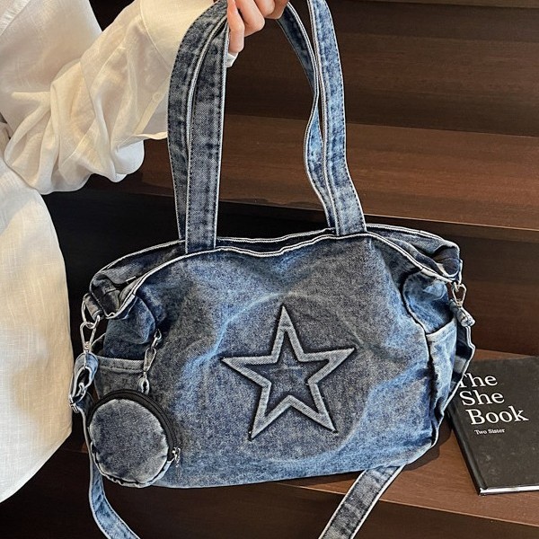 Denim handbag for women, large capacity 2025 new Korean style simple single-shoulder backpack, casual commuting tote bag full figure