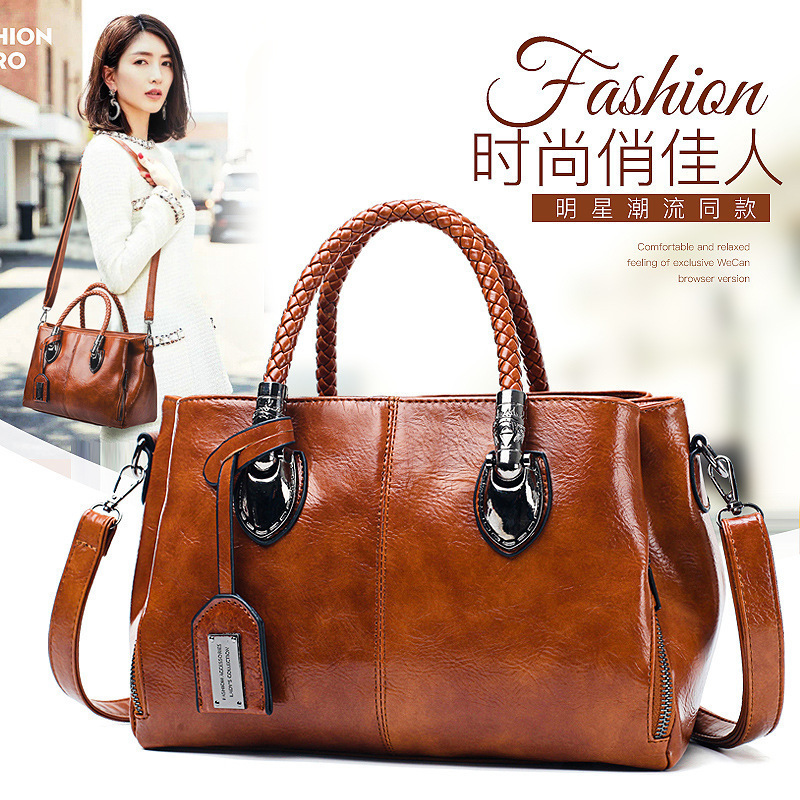 New cross-border oil wax leather bags for export to Europe, America, Boston, women's single-shoulder bags, women's soft leather large bags, one-piece consignment full figure