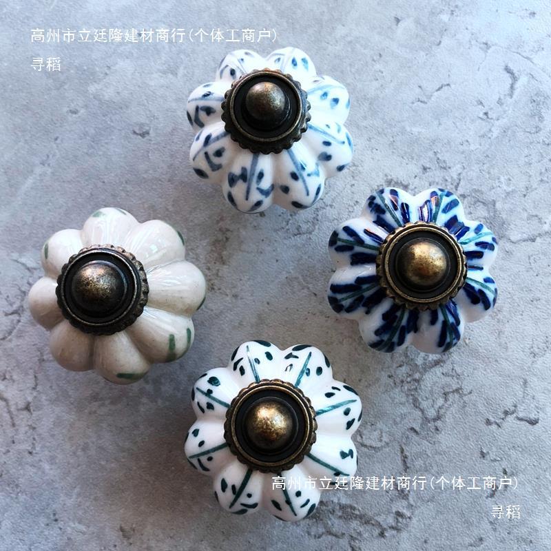 Retro hand-painted ceramic pumpkin small handle, classical blue and white porcelain Chinese five-drawer cabinet drawer cabinet door handle Specification drawing