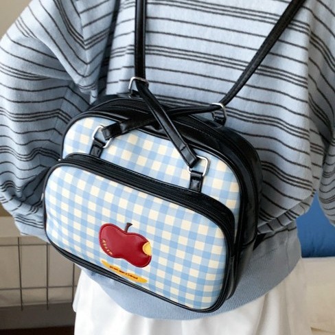Niche makeup bag, large-capacity hand-held women's bag, fresh blue checkered single-shoulder bag, travel multi-functional and cute backpack details Picture