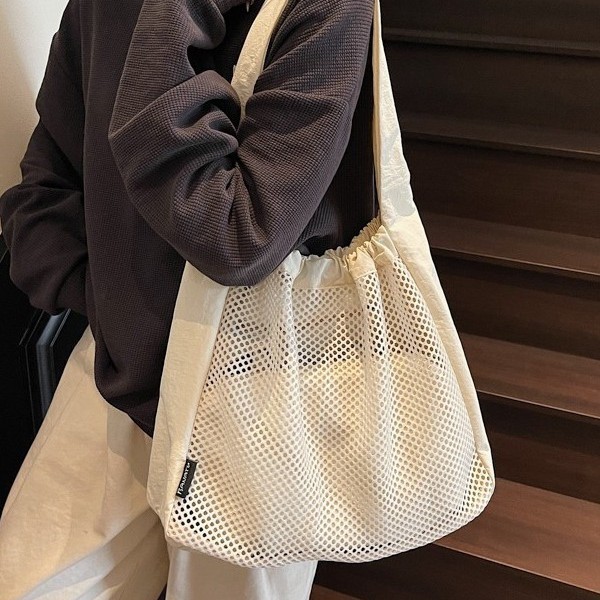 New large-capacity, simple 2025, soft and lightweight, hollowed-out mesh nylon women's bag, casual tote bag full figure