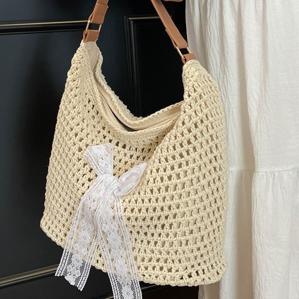 Fashionable and simple seaside vacation beach style women's single-shoulder bag, large-capacity fashionable hand-held shoulder bag, solid-color woven bag Specification drawing