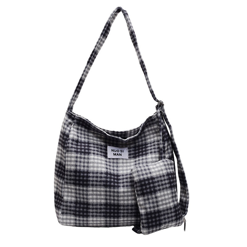 Checkered color-blocking canvas bag, women's large-capacity student commuter tote bag, computer bag, versatile casual single-shoulder crossbody bag Item Picture