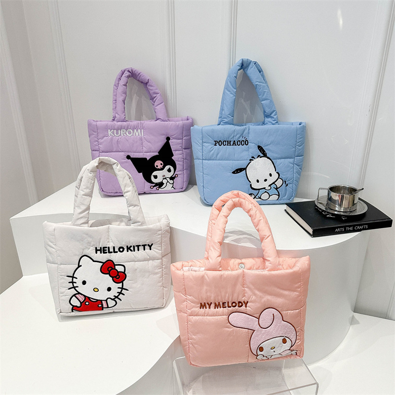 New cartoon down fabric hand-held shoulder bag, cute and portable tote bag, girlish commuting and school crossbody wholesale full figure