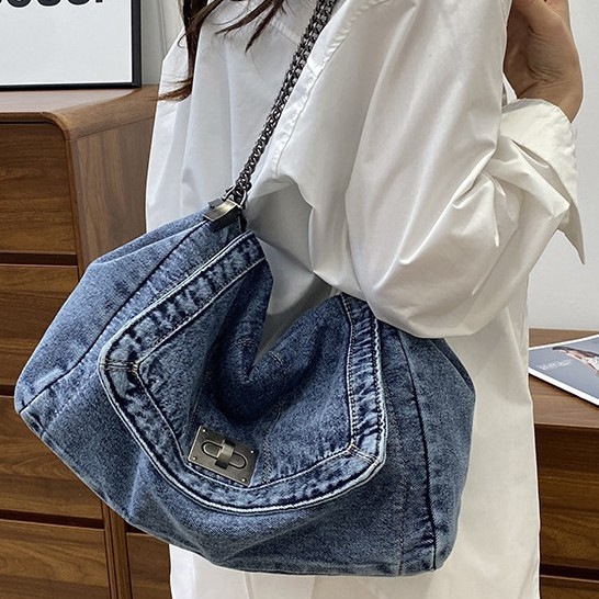 Denim bag for women 2025 Spring/Summer New fashion chain bag, large-capacity tote bag, single-shoulder crossbody bag, cross-border full figure
