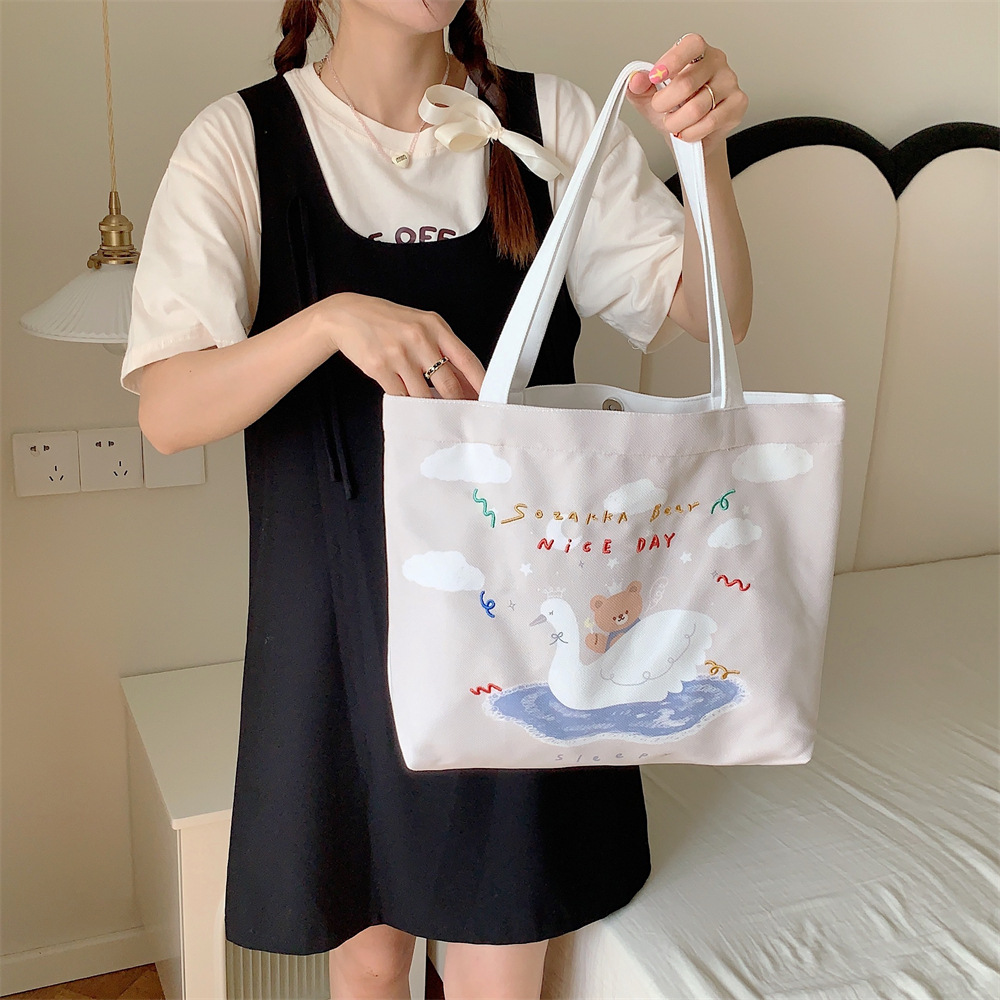 3854 large-capacity tote bag for women, 2023 new trendy cartoon bear print shopping bag, single-shoulder bag, canvas bag details Picture