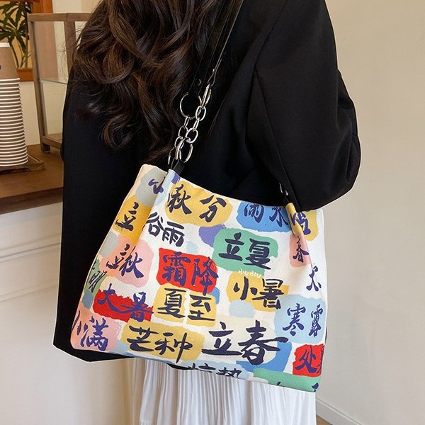 New cartoon-printed large-capacity tote bag for girls and students, a color-matched 24 solar terms design crossbody bag Application Scenario